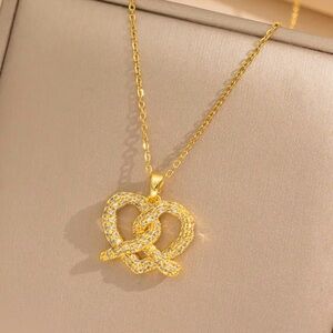 18K Gold Plated Pretzel Bread Knot Pendant Necklace Pave Diamond Accent No Fade